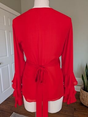 Artelier Nicole Miller Women's Blouse 100% Silk Wrap Red Ruffle Sleeve Size S